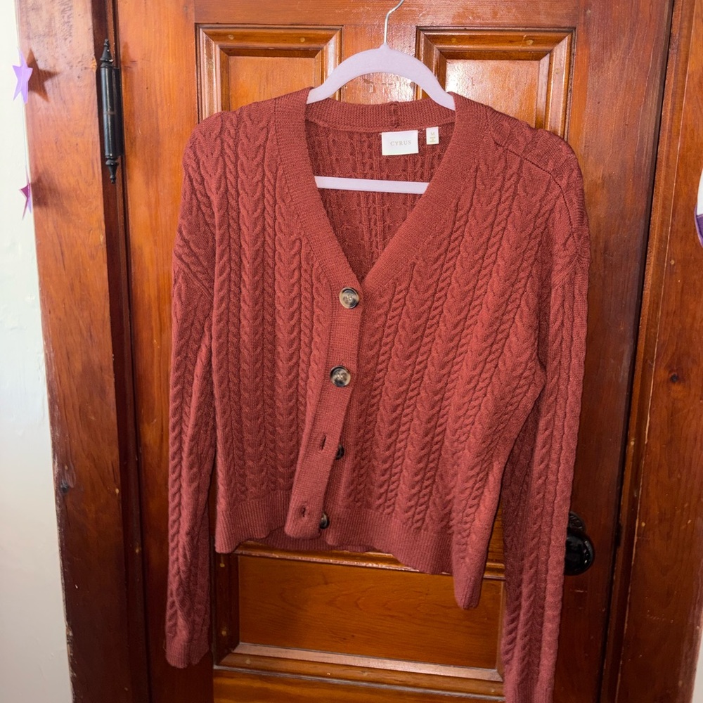Cyrus Cable-Knit Button Cardigan - Rust Brown